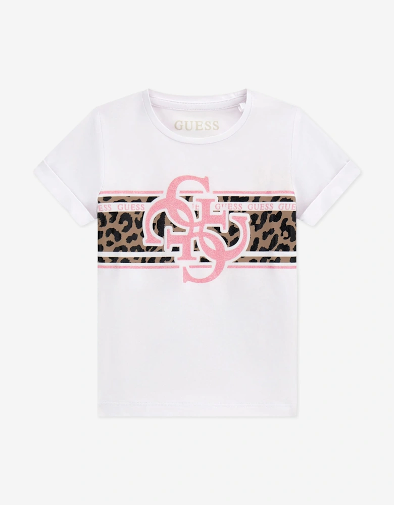 Guess Girls Leopard Logo T-Shirt in White