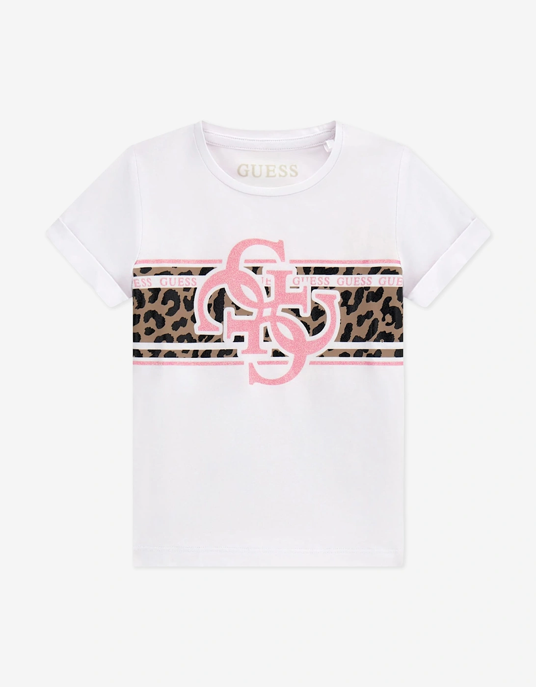Guess Girls Leopard Logo T-Shirt in White