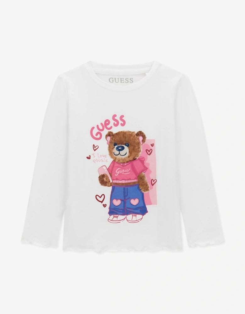 Guess Girls Long Sleeve Bear T-Shirt in White