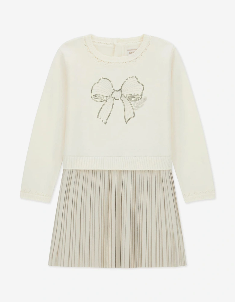 Guess Girls Mixed Fabric Dress in Ivory