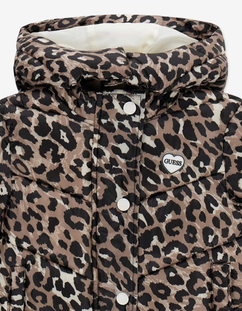 Guess Girls Leopard Print Hooded Puffer Jacket in Brown