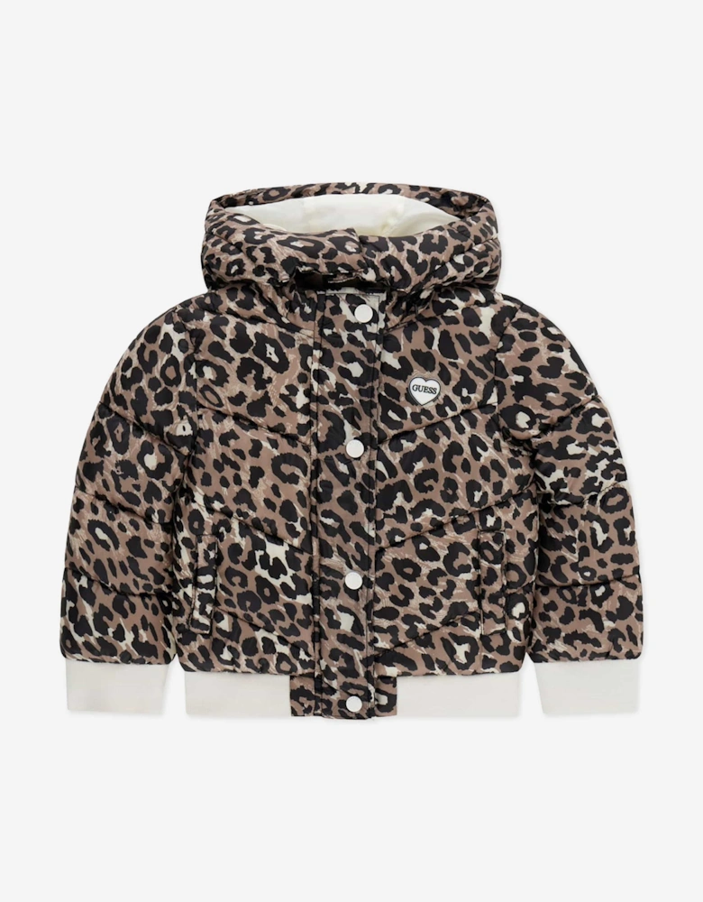Guess Girls Leopard Print Hooded Puffer Jacket in Brown