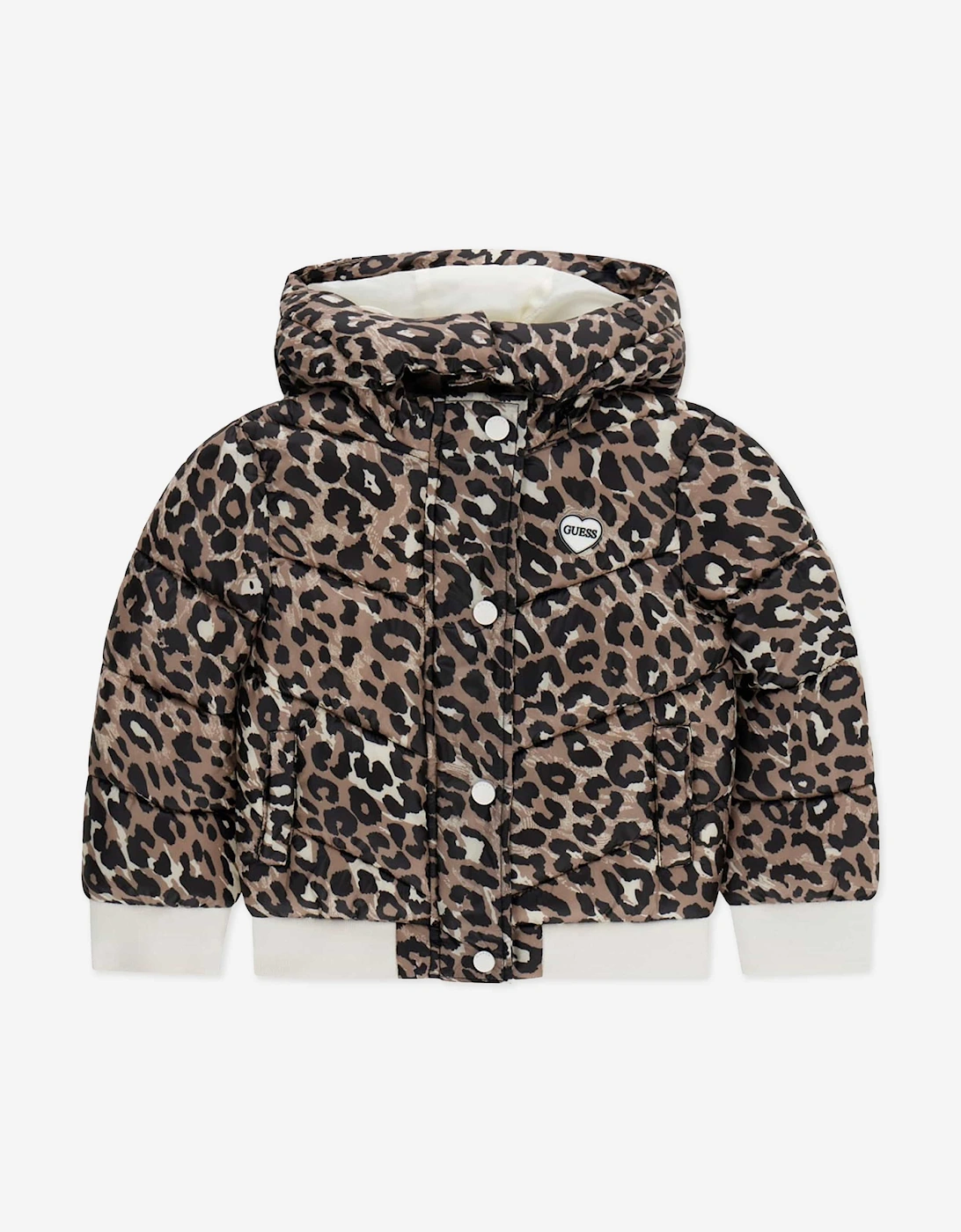 Guess Girls Leopard Print Hooded Puffer Jacket in Brown