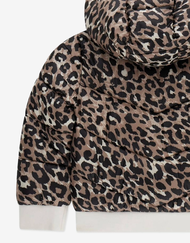 Guess Girls Leopard Print Hooded Puffer Jacket in Brown