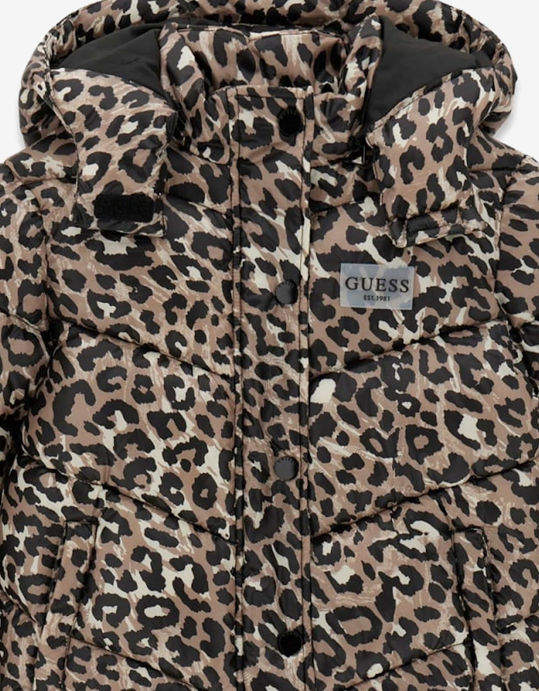 Guess Girls Leopard Print Hooded Puffer Jacket in Brown