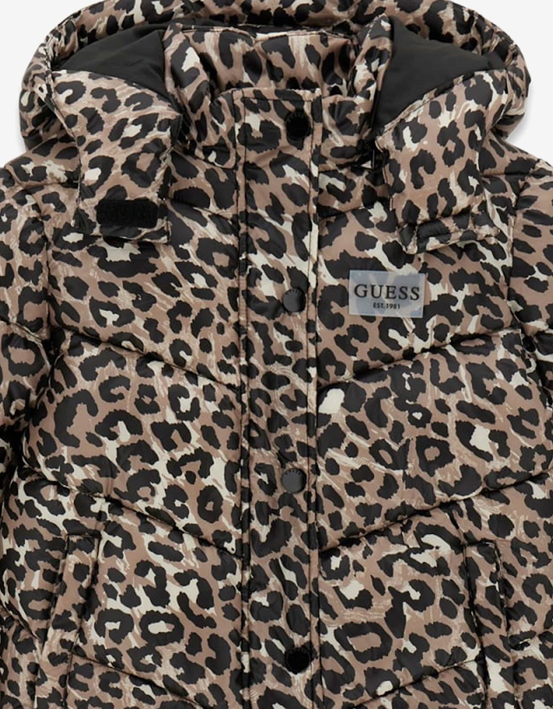 Guess Girls Leopard Print Hooded Puffer Jacket in Brown