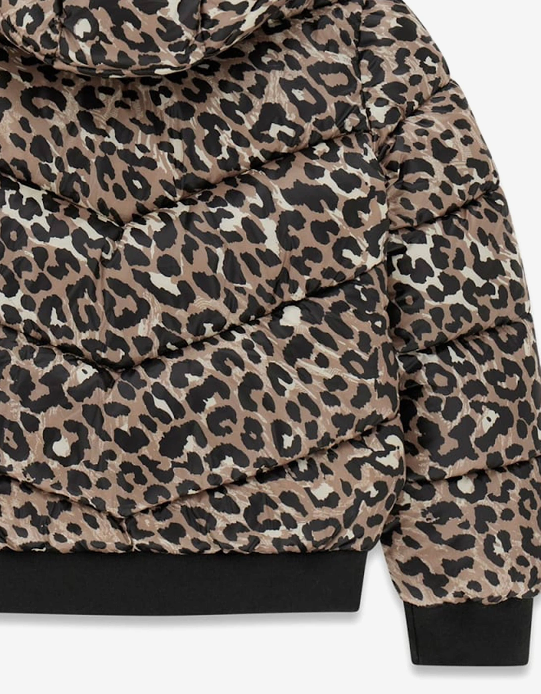 Guess Girls Leopard Print Hooded Puffer Jacket in Brown