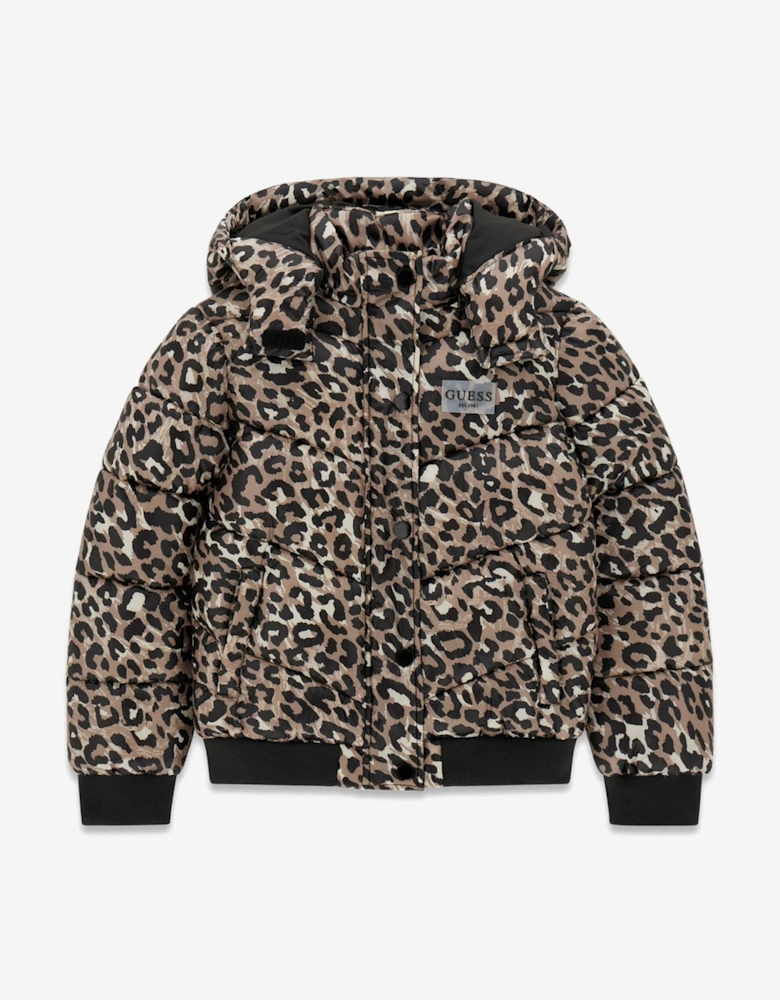 Guess Girls Leopard Print Hooded Puffer Jacket in Brown