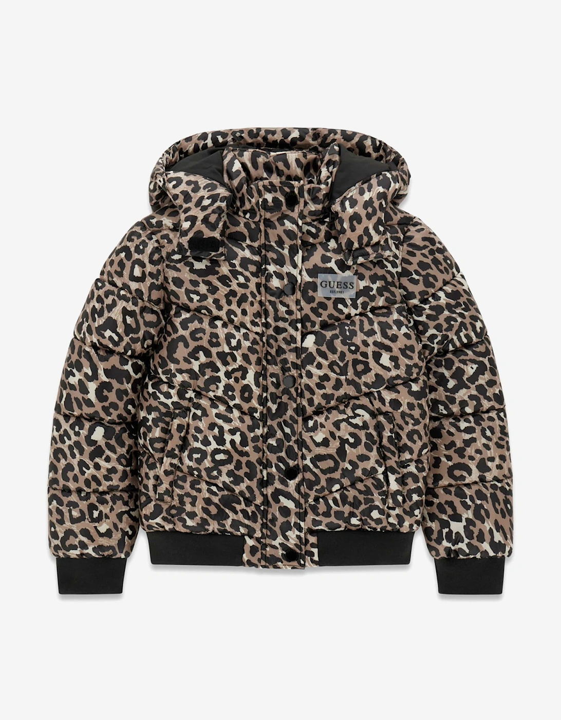 Guess Girls Leopard Print Hooded Puffer Jacket in Brown