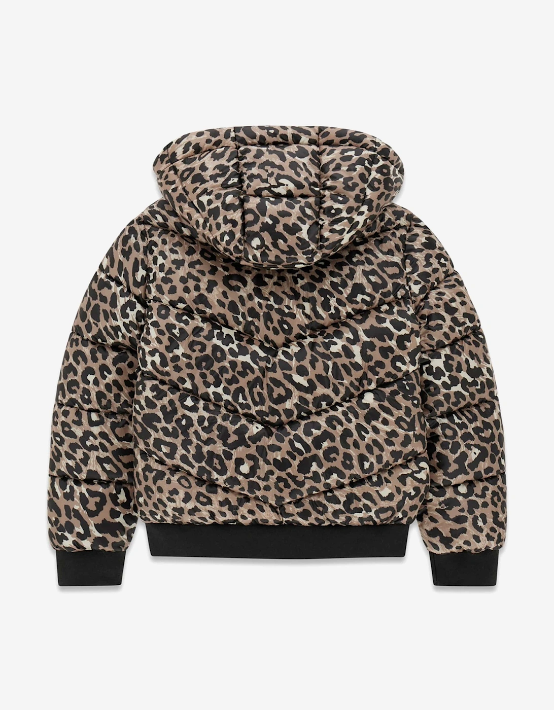 Guess Girls Leopard Print Hooded Puffer Jacket in Brown