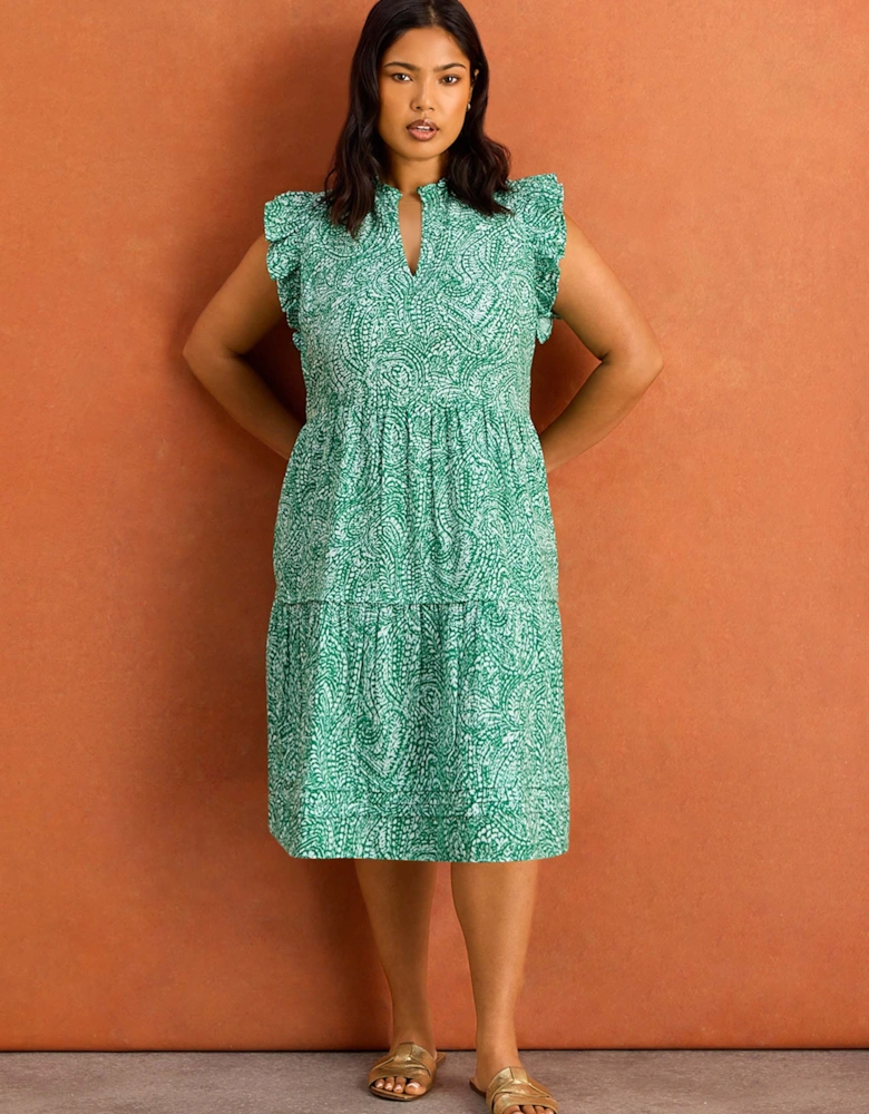 Green Print Cheesecloth Pintuck Knee Length Dress