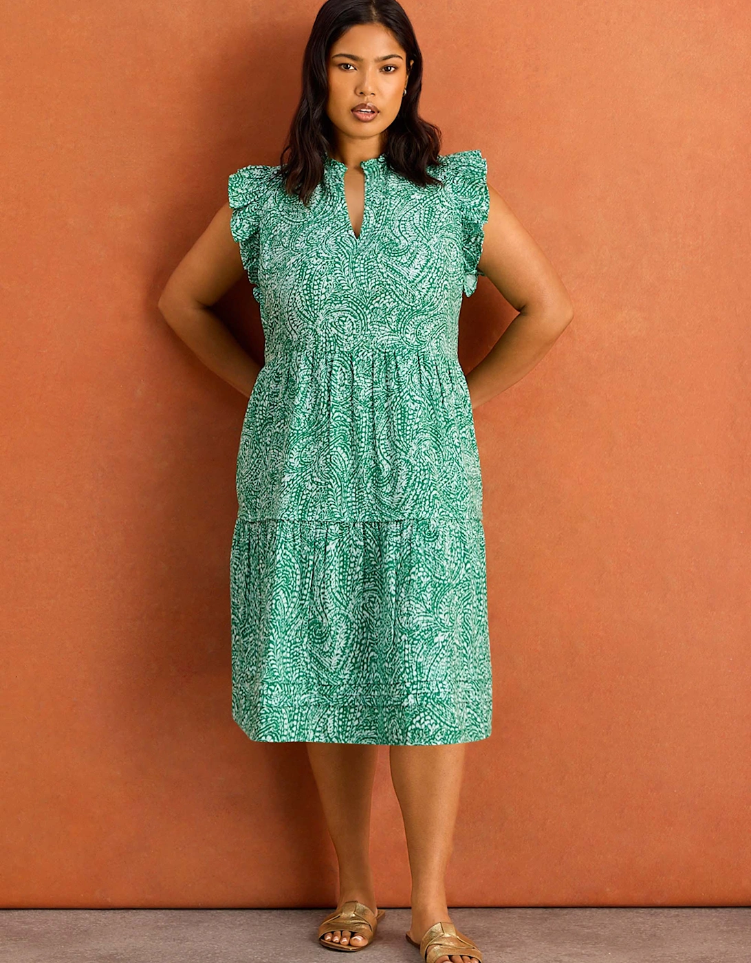 Green Print Cheesecloth Pintuck Knee Length Dress, 6 of 5