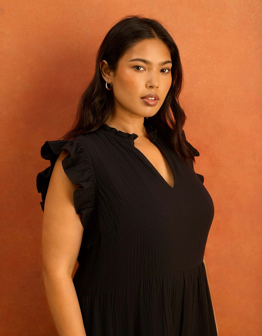 Black Cheesecloth Pintuck Knee Length Dress