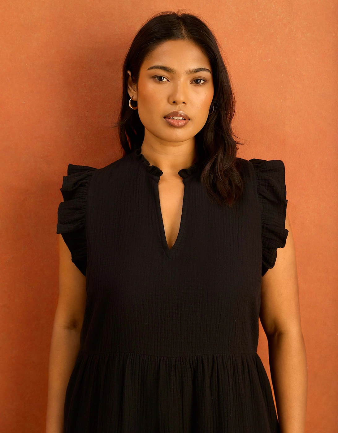 Black Cheesecloth Pintuck Knee Length Dress