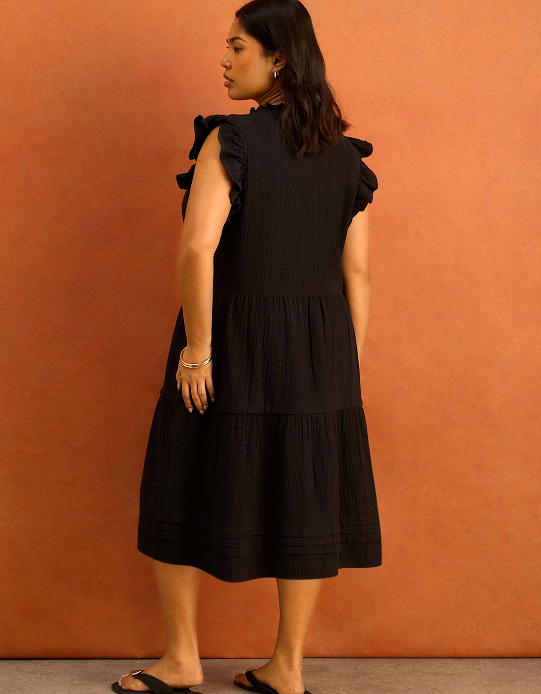Black Cheesecloth Pintuck Knee Length Dress