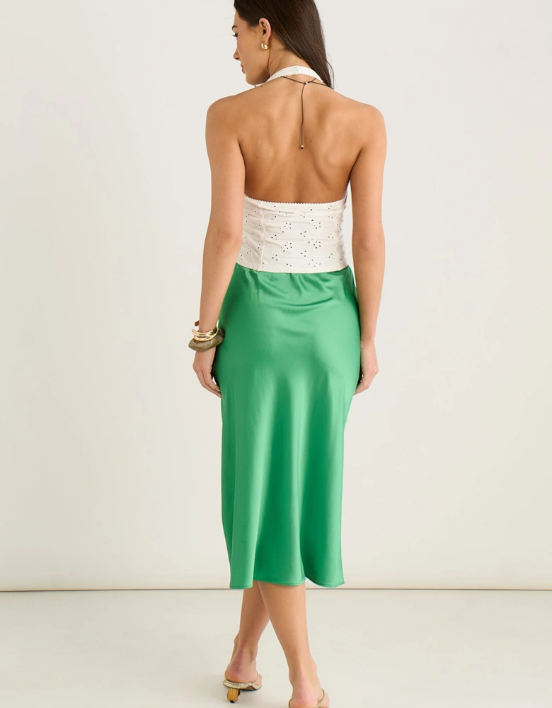 Green Satin High Waist Midi Skirt