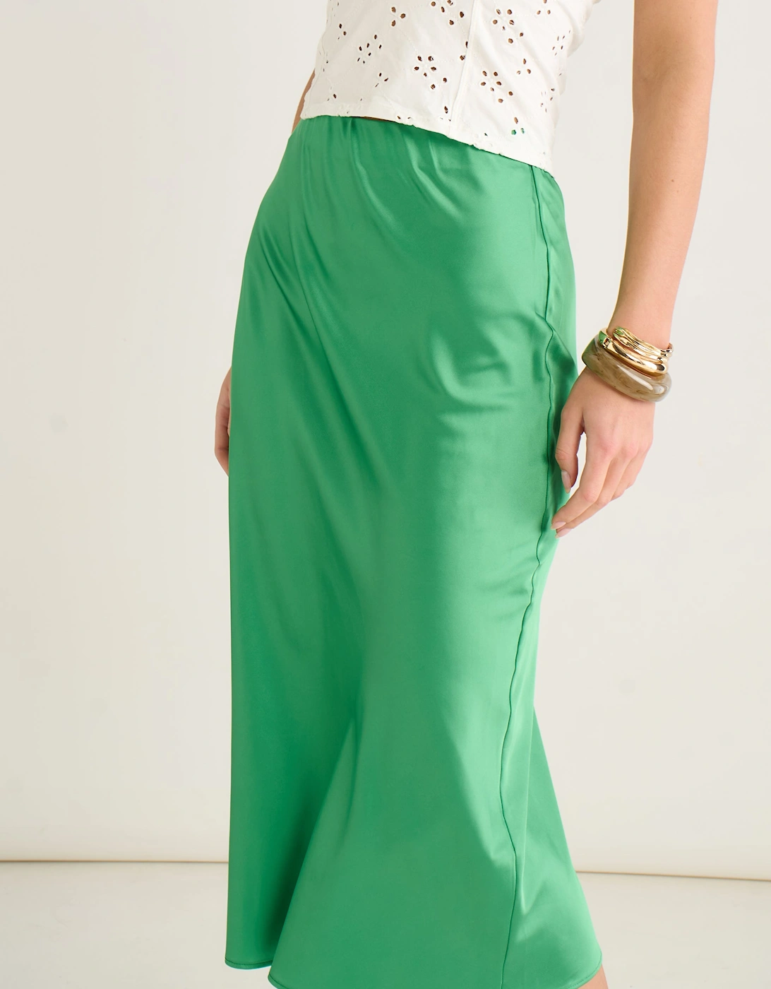 Green Satin High Waist Midi Skirt