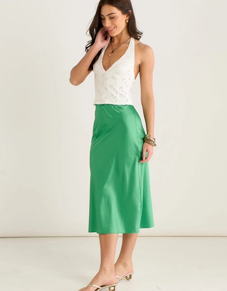 Green Satin High Waist Midi Skirt