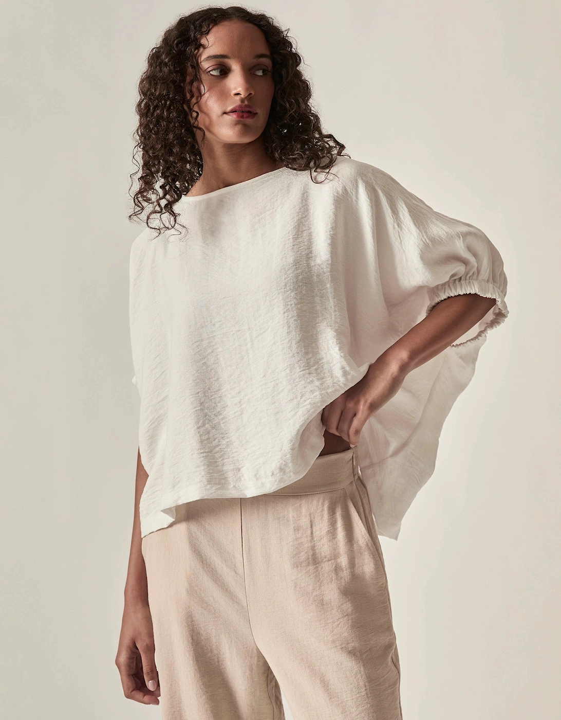 Relaxed Gathered Sleeve Top – Cream