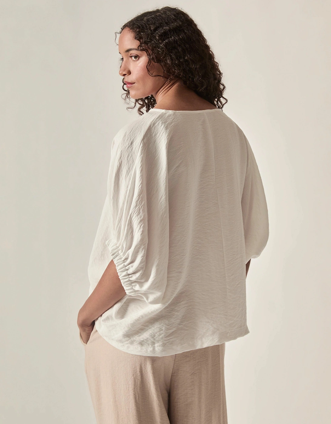Relaxed Gathered Sleeve Top – Cream