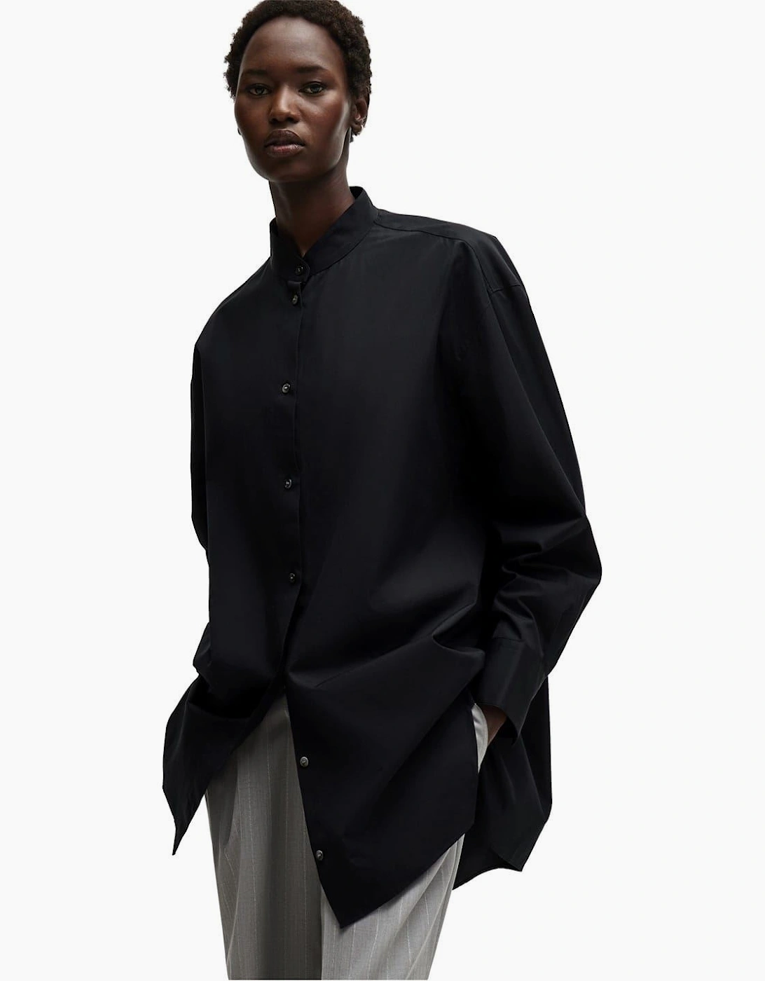 Oversize Fit Band Collar Long Sleeve Shirt