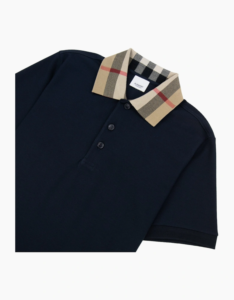 Burberry Check Collar Cotton Polo Shirt Smoked Navy