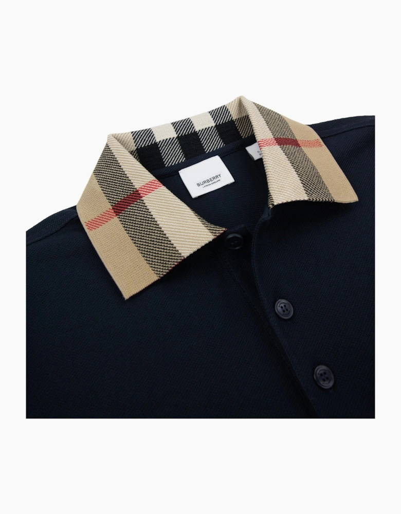 Burberry Check Collar Cotton Polo Shirt Smoked Navy