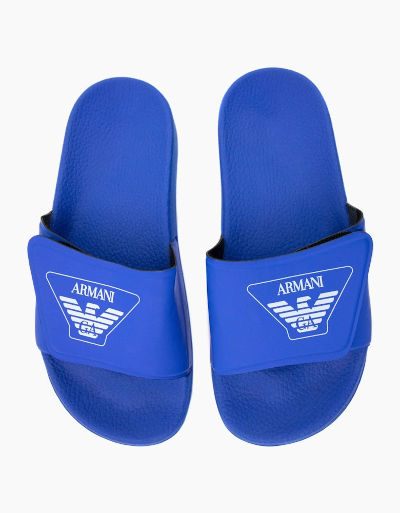 Armani Junior Logo Leather Sliders Royal Blue