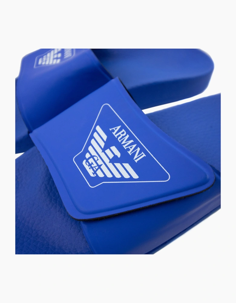 Armani Junior Logo Leather Sliders Royal Blue