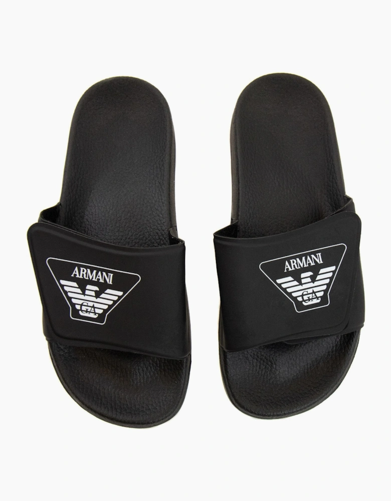 Armani Junior Logo Leather Sliders Black