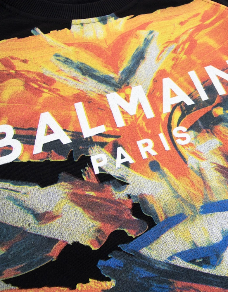 Balmain Printed Paint Logo Crewneck Sweatshirt Black