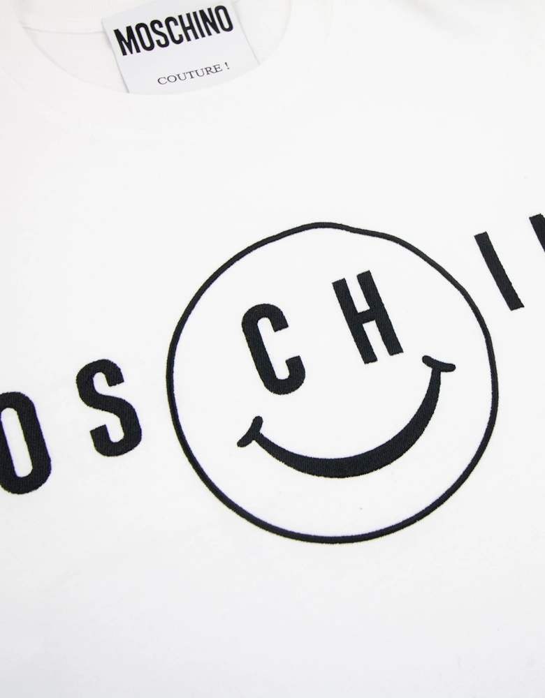Moschino Couture Smiley Brand Print Cotton Jersey T Shirt White 1001