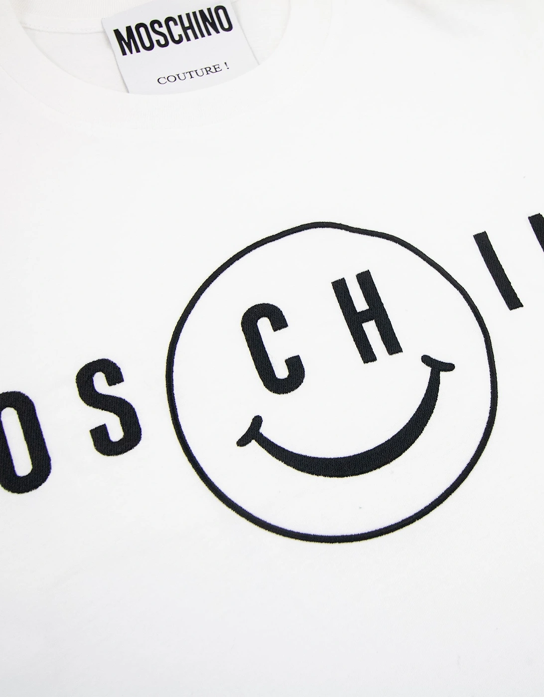 Moschino Couture Smiley Brand Print Cotton Jersey T Shirt White 1001