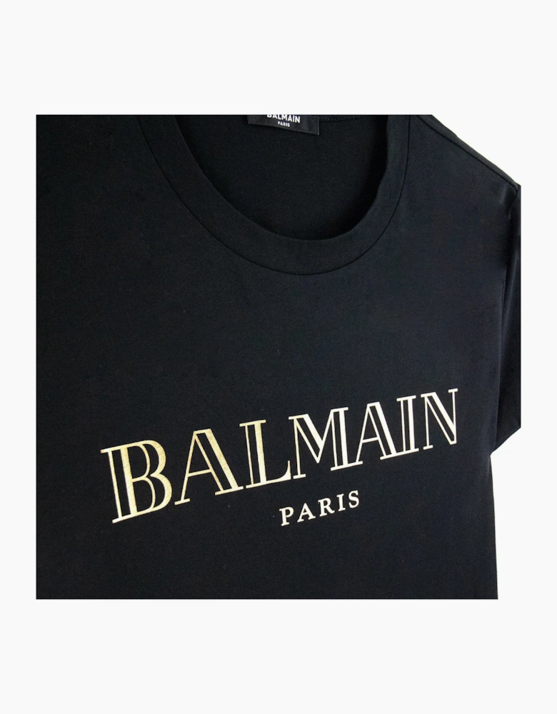 Balmain Logo Print Cotton T Shirt Black/gold