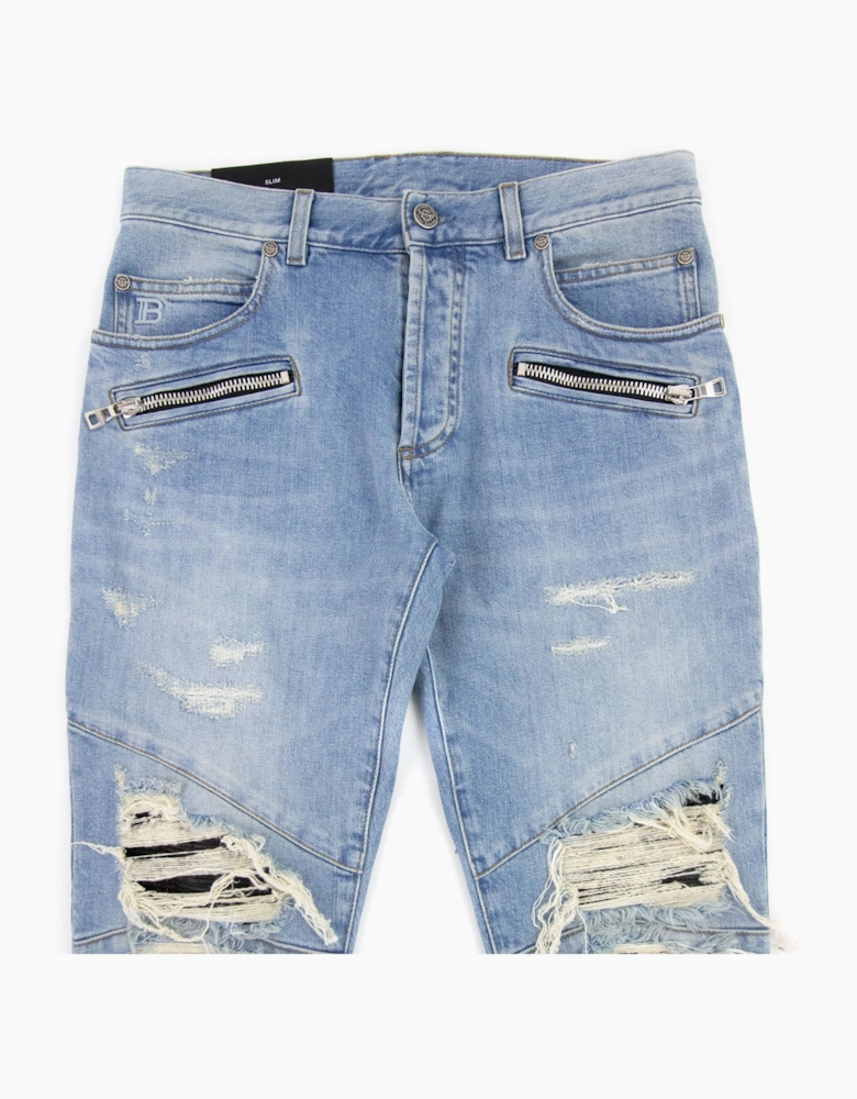 Balmain Slim Cut Ripped Cotton Jeans Denim