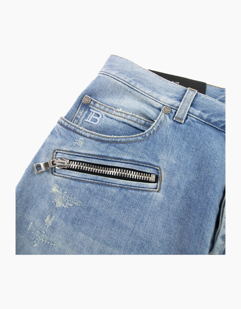 Balmain Slim Cut Ripped Cotton Jeans Denim