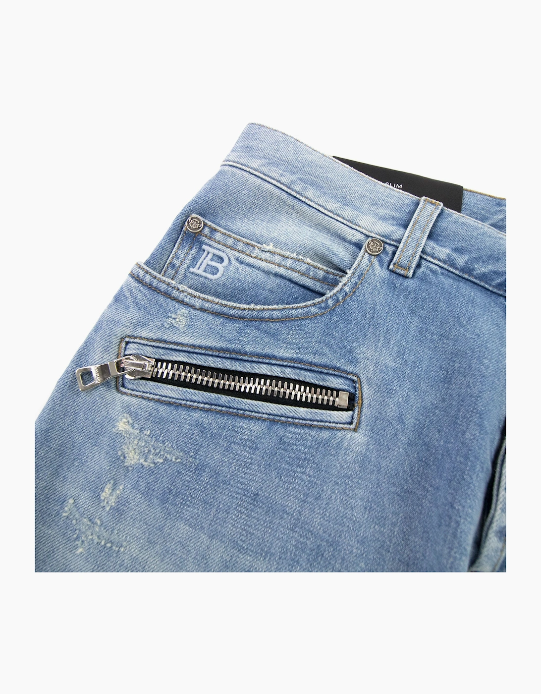 Balmain Slim Cut Ripped Cotton Jeans Denim