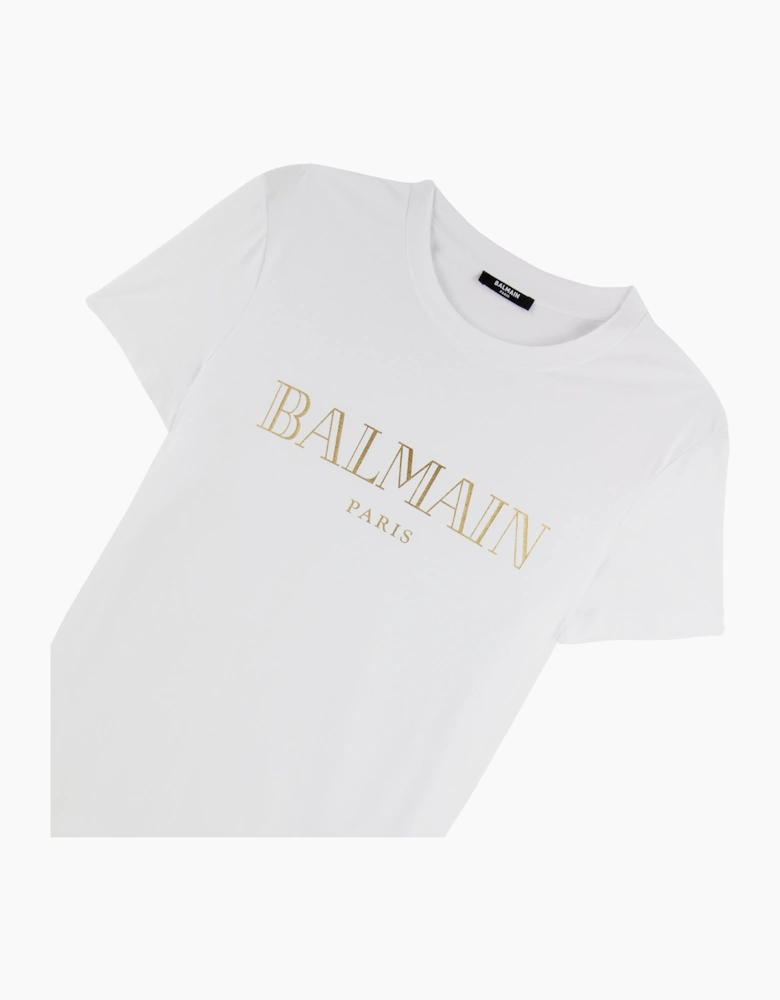 Balmain Logo Print Cotton T Shirt White/gold
