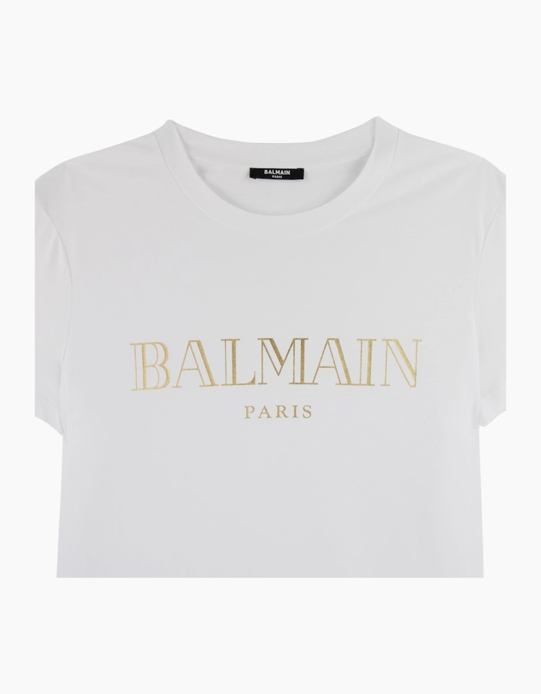 Balmain Logo Print Cotton T Shirt White/gold