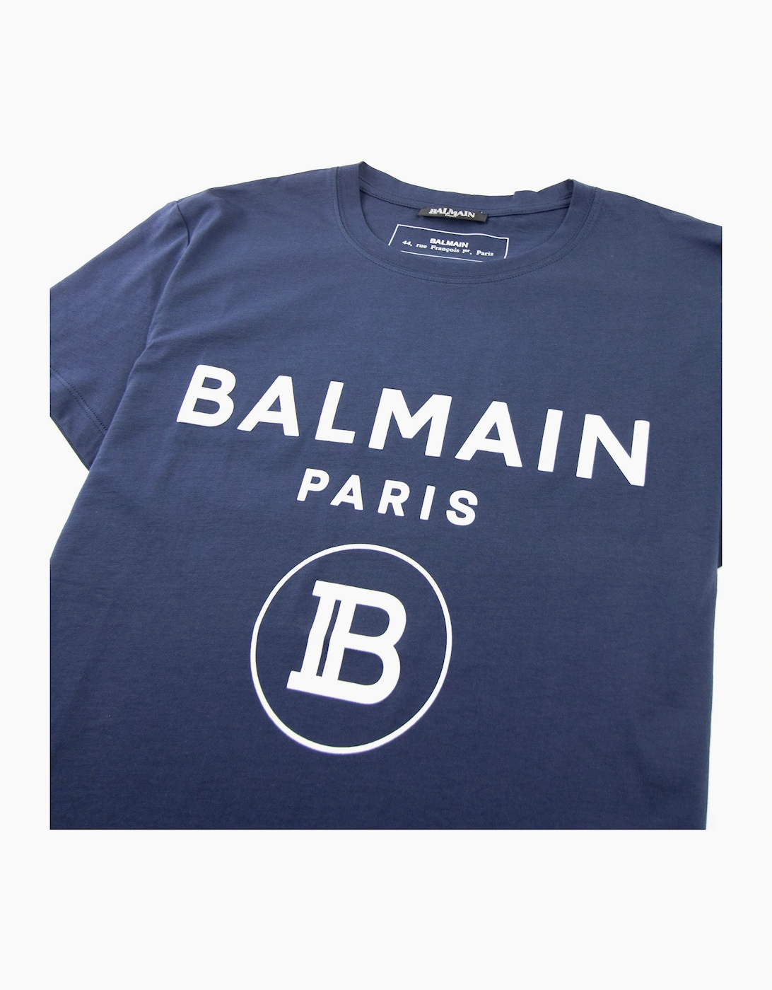 Balmain Printed White Velvet Logo T-Shirt Navy