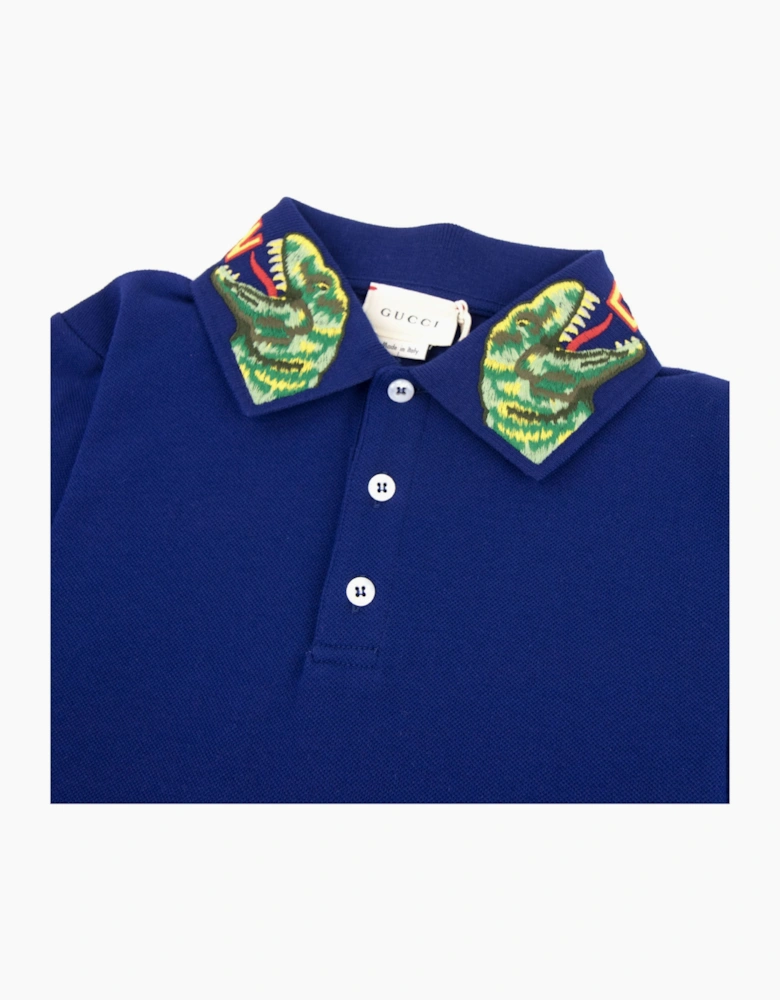 Gucci Junior Embroidered Dinosaur Collar Polo Shirt Blue 4622