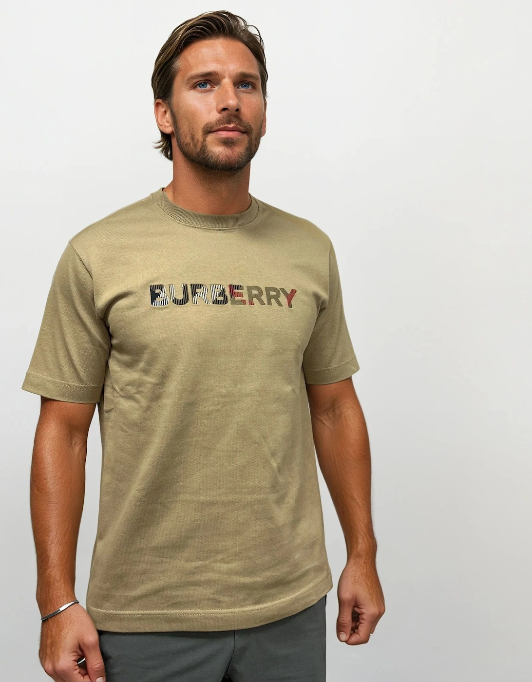 Burberry Check Logo Embroidered T-Shirt Beige