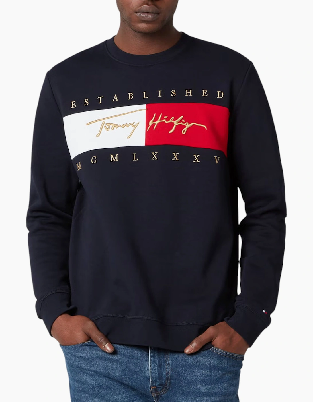 TOMMY HILFIGER Mens Sweatshirts Signature Flag Fleece Pullover Crew Neck Jumper