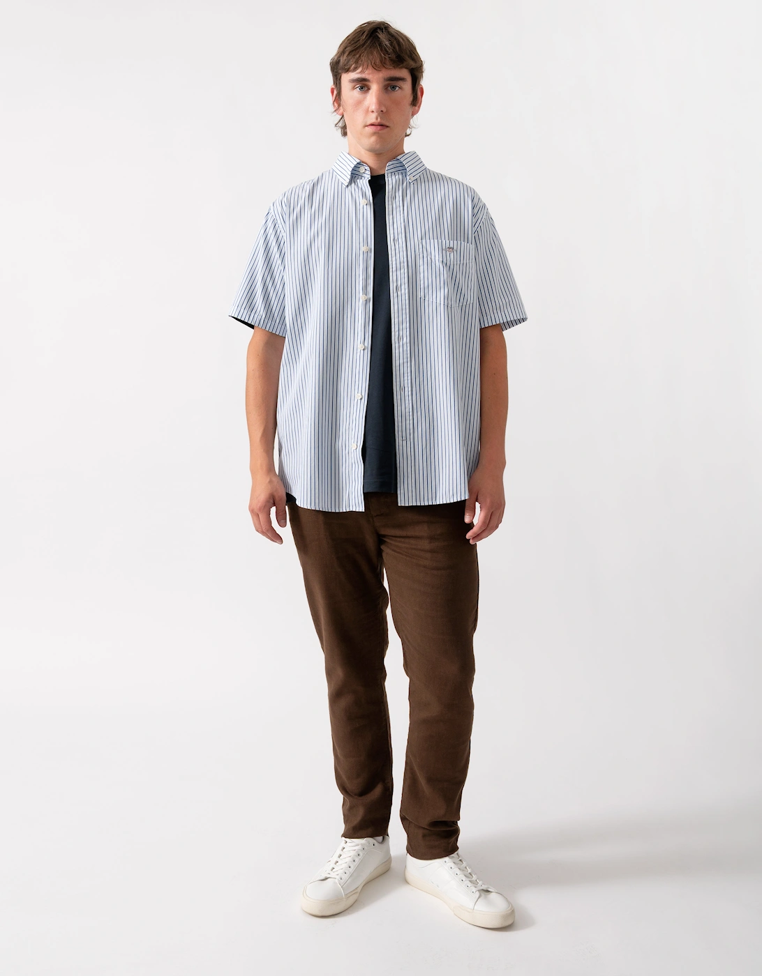 GANT Mens Regular Fit Poplin Stripe Short Sleeve Shirt - 457 Fresh Blue