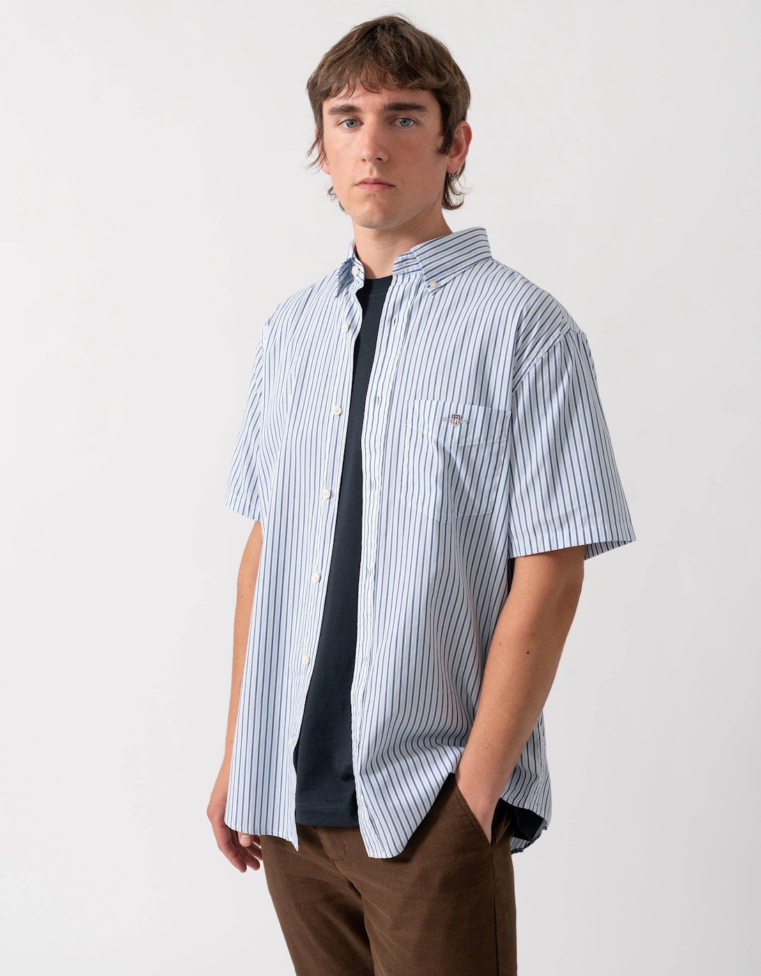 GANT Mens Regular Fit Poplin Stripe Short Sleeve Shirt - 457 Fresh Blue