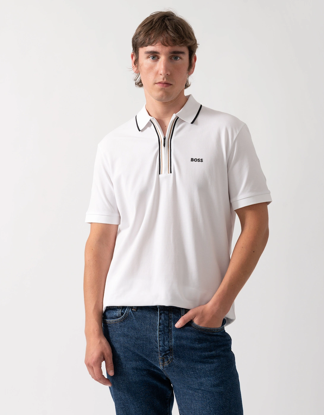 BOSS Green Philix Mens Slim Fit Zip Polo Shirt in Moisture-Wicking Stretch Cotton - White 100, 5 of 4