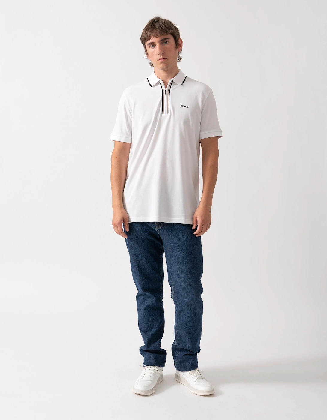 BOSS Green Philix Mens Slim Fit Zip Polo Shirt in Moisture-Wicking Stretch Cotton - White 100