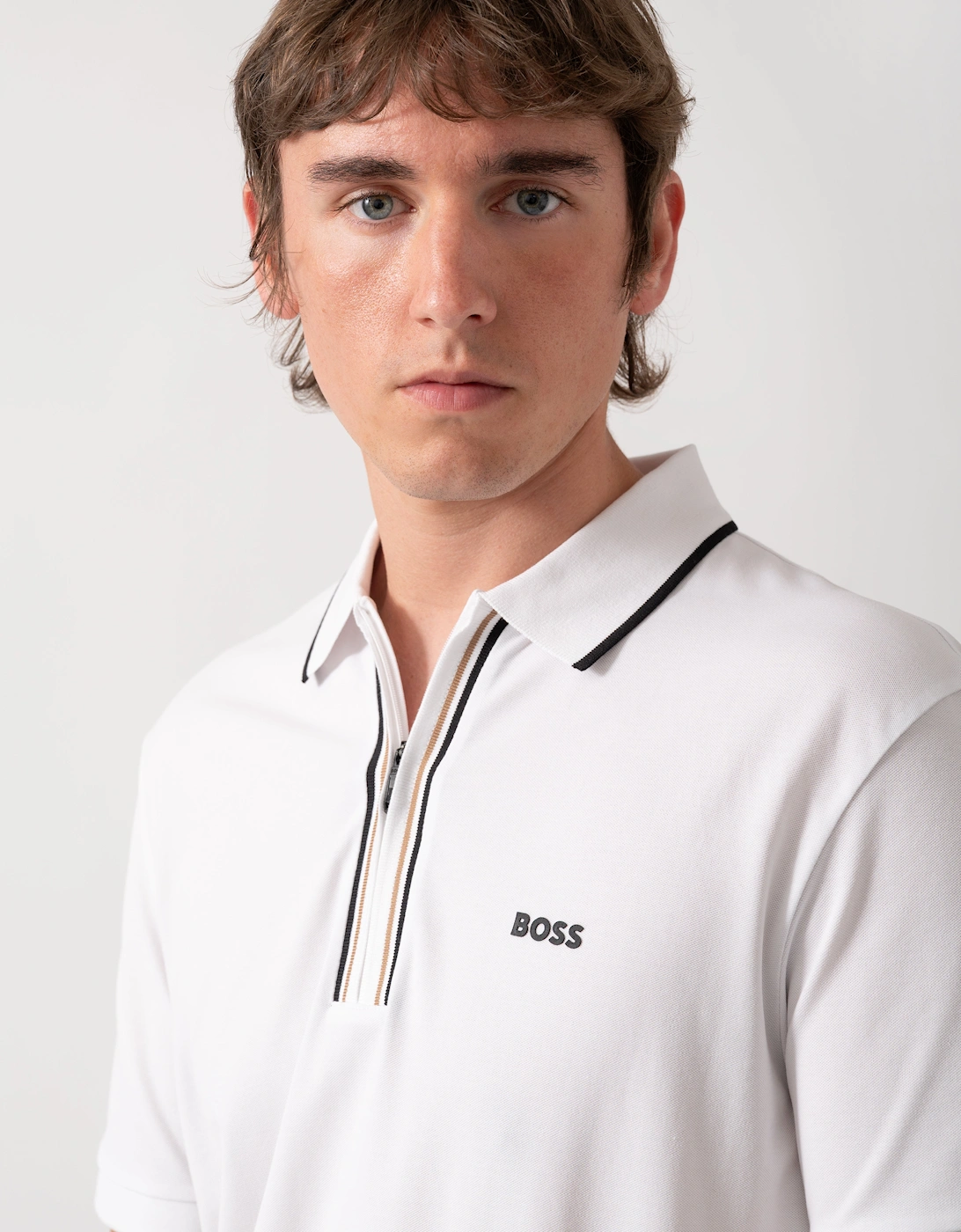 BOSS Green Philix Mens Slim Fit Zip Polo Shirt in Moisture-Wicking Stretch Cotton - White 100