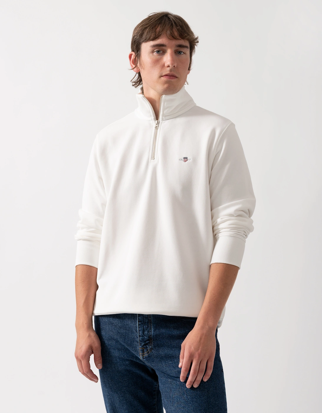 Gant Men's White Regular Fit Shield Logo Half Zip Sweatshirt - 113 Eggshell - Size 38