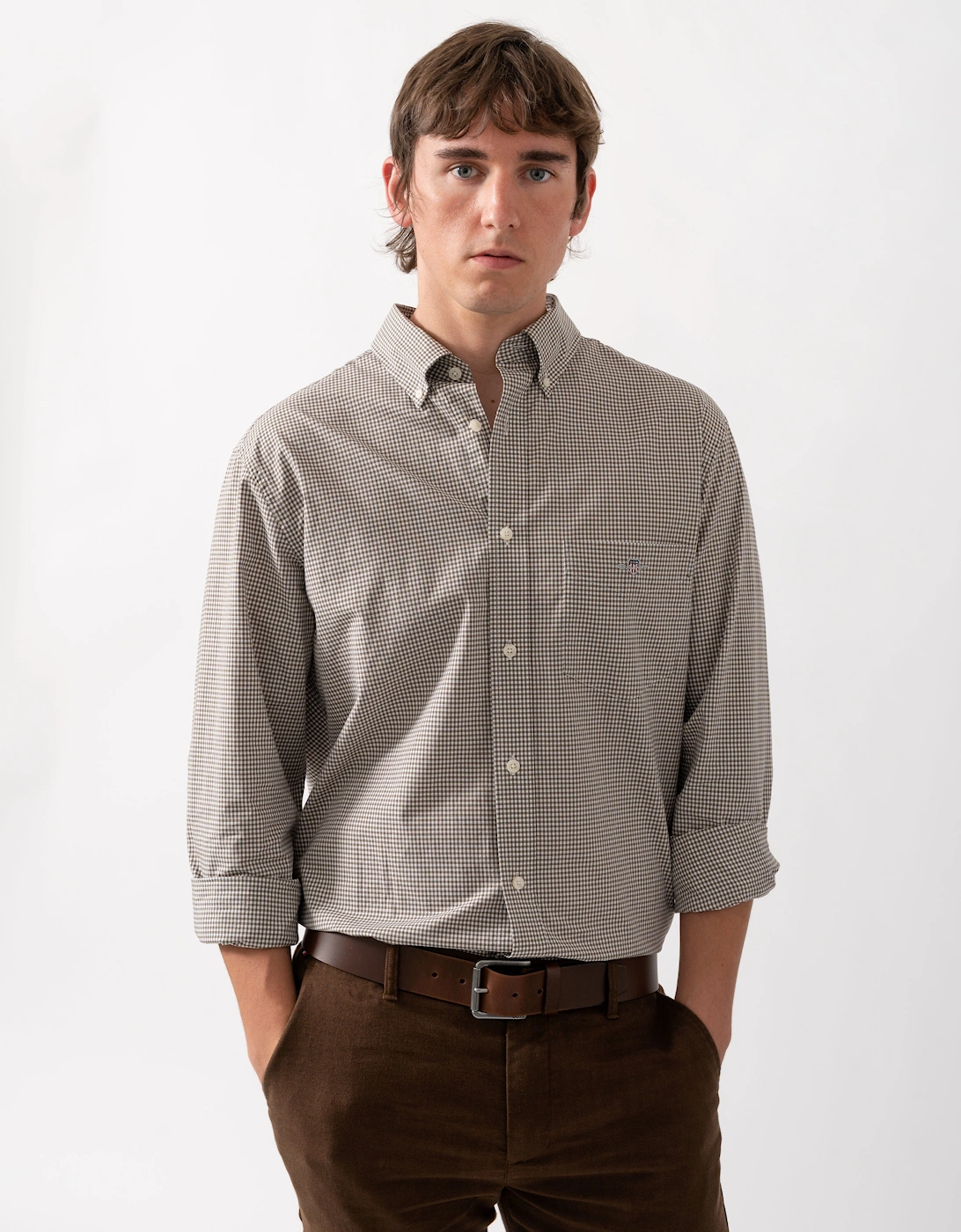 Gant Men's Grey Regular Fit Classic Poplin Gingham Shirt - 260 Faded Taupe - Size 38/Regular
